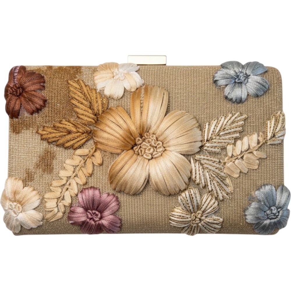 Flawed Gem! Floral Embroidered Box Clutch Gold Metallic Evening Bag Chain Strap